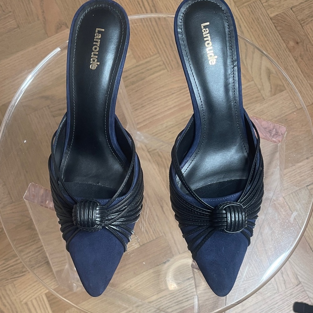 Larroude Navy Blue & Black Pointed Toe Mule Clogs